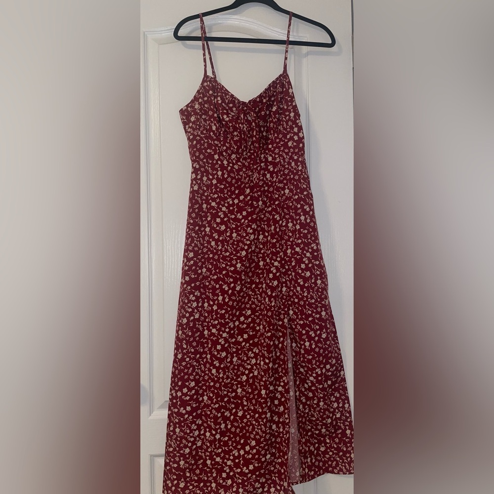Floral Burgundy Spaghetti-Strap Maxi Dress with Side Slit